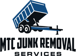 Blue junk removal trailer angled upwards, with &ldquo;MTC JUNK REMOVAL SERVICES&rdquo; below in black text.