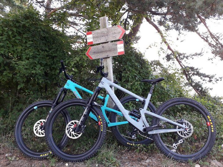 Due mountain bike appoggiate al palo delle indicazioni stradali