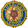 American Legion emblem with blue, gold, and brown colors. Star and laurel design,