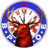 Elks Club emblem: A deer head with clock face antlers, within a blue circle with