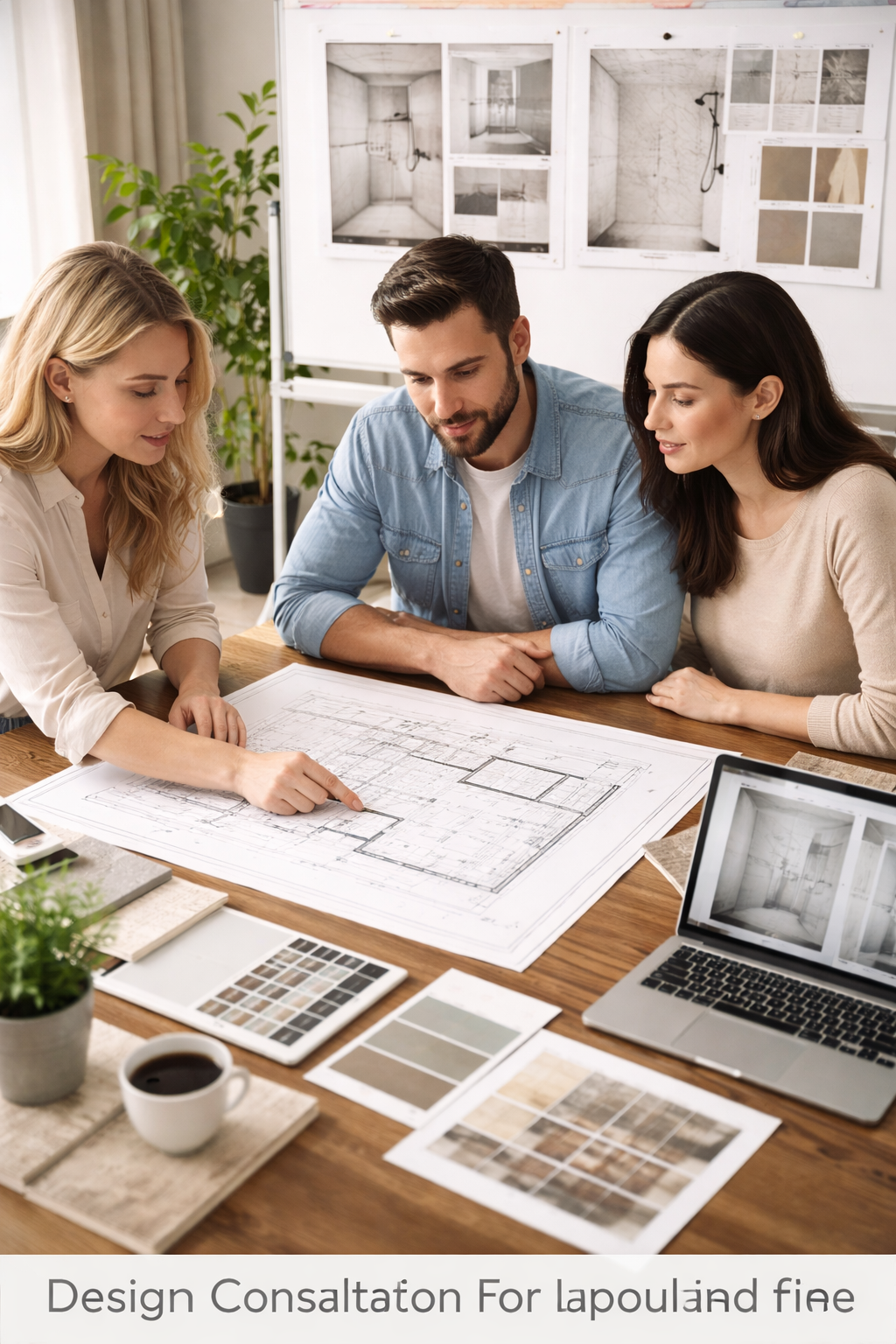 Interior designer consults with a couple over a blueprint, with paint swatches and a laptop on the table.