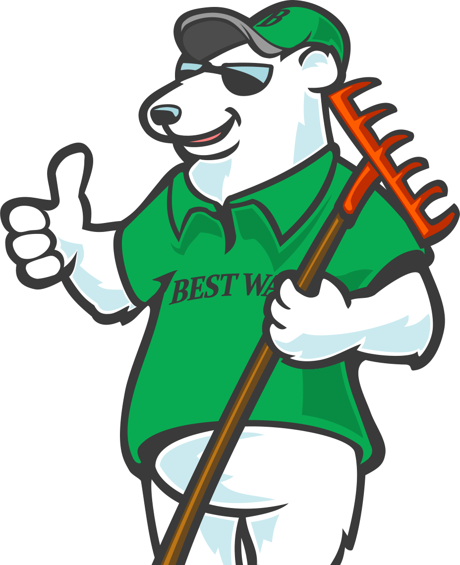 a polar bear in a green shirt is holding a rake and giving a thumbs up .