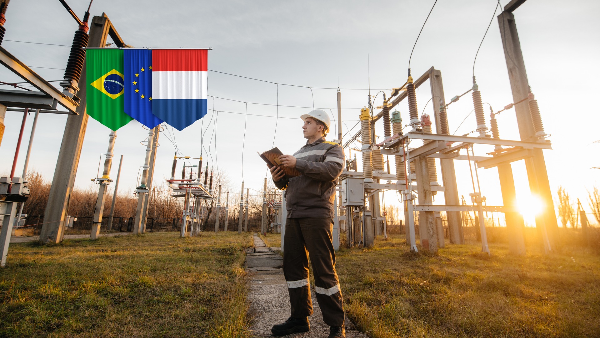 Engineer at a power substation, writing on a clipboard, with flags of Brazil, EU, and Netherlands.
