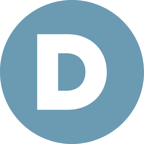 The letter d is in a blue circle on a white background.