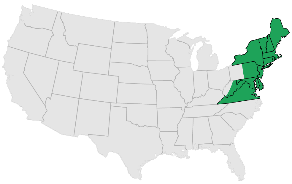 a map of the united states with northeast highlighted in green