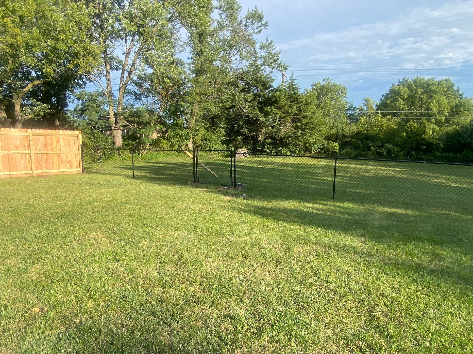 A large lush green field with a wooden fence and trees in the background.
