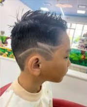 A young boy is getting his hair cut at a hair salon.