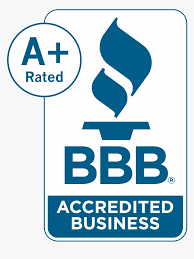 A blue and white bbb accredited business logo