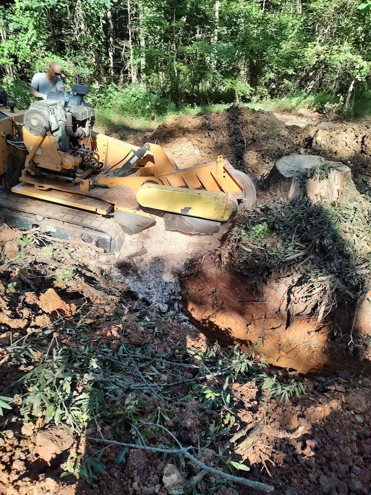 A bulldozer is cutting a tree stump in the woods.