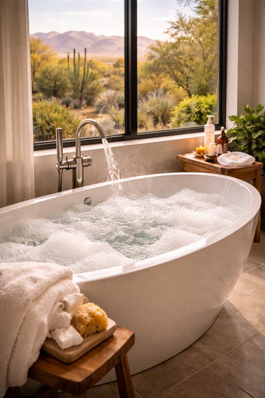 Freestanding bathtub with running water beside a window, overlooking a desert landscape at sunset