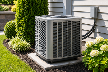 Outdoor air conditioning unit beside a house, surrounded by landscaped shrubs and flowers