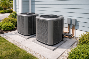 Two gray outdoor HVAC units beside a house on a concrete pad, with copper pipes and grass nearby