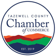 The tazewell county chamber of commerce logo is a circle with mountains in the background.