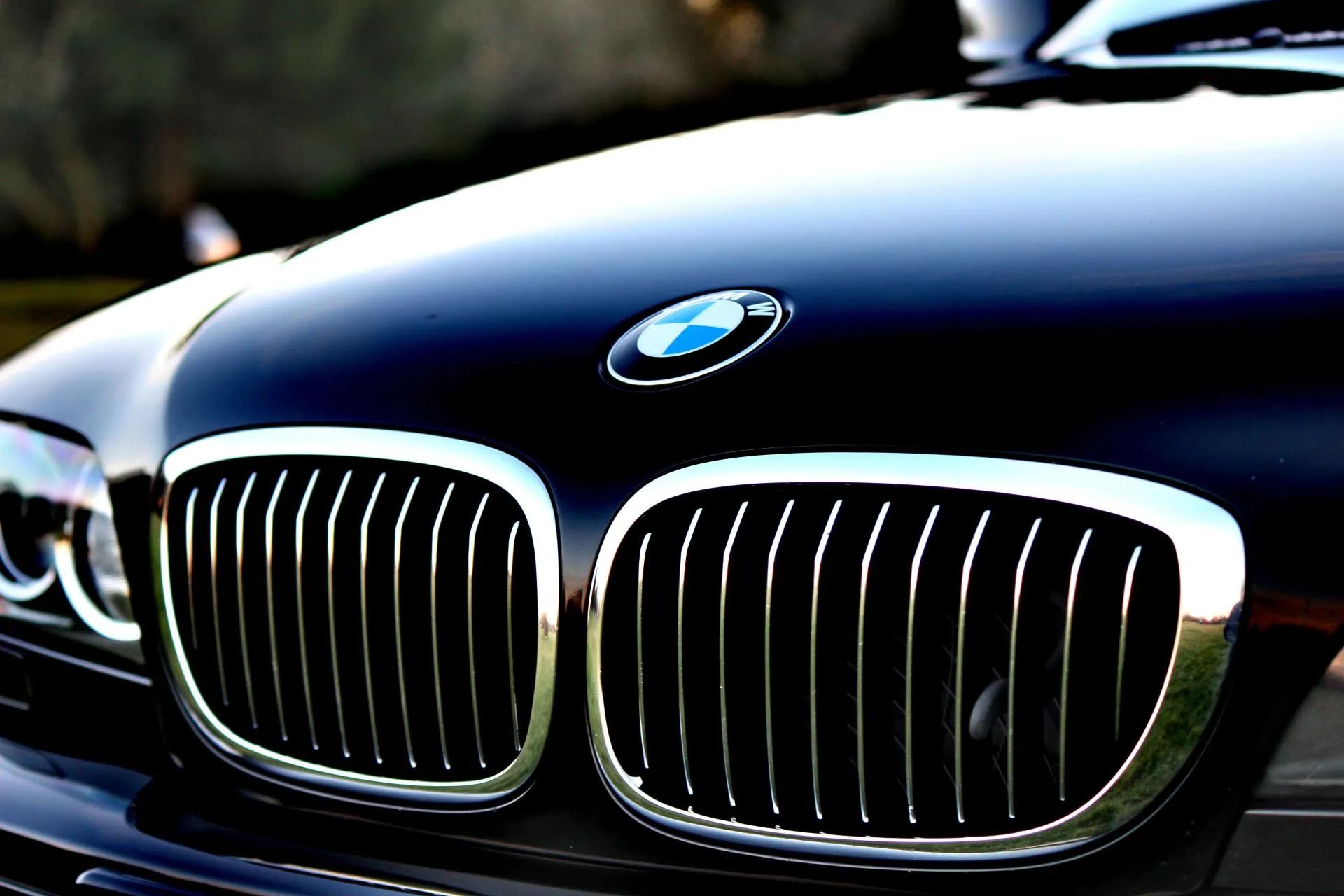 Close-up of a black BMW front grille and hood emblem, with chrome detailing outdoors.