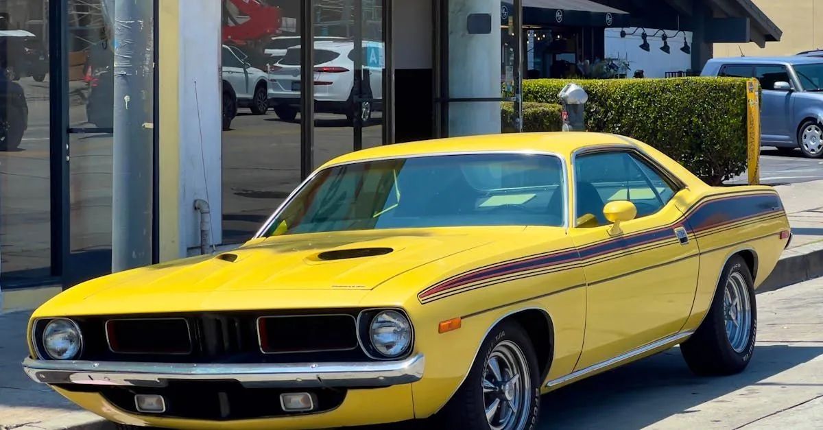 Yellow vintage muscle car parked outside a dealership, with black racing stripes and chrome details