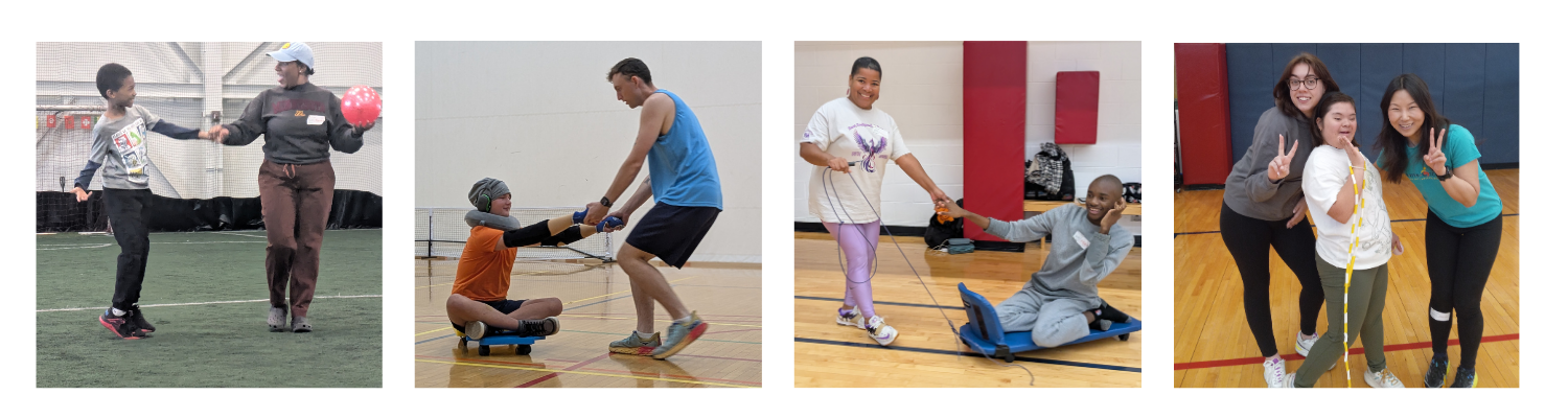 A series of four images that all include KEEN athletes engaging happily with volunteers