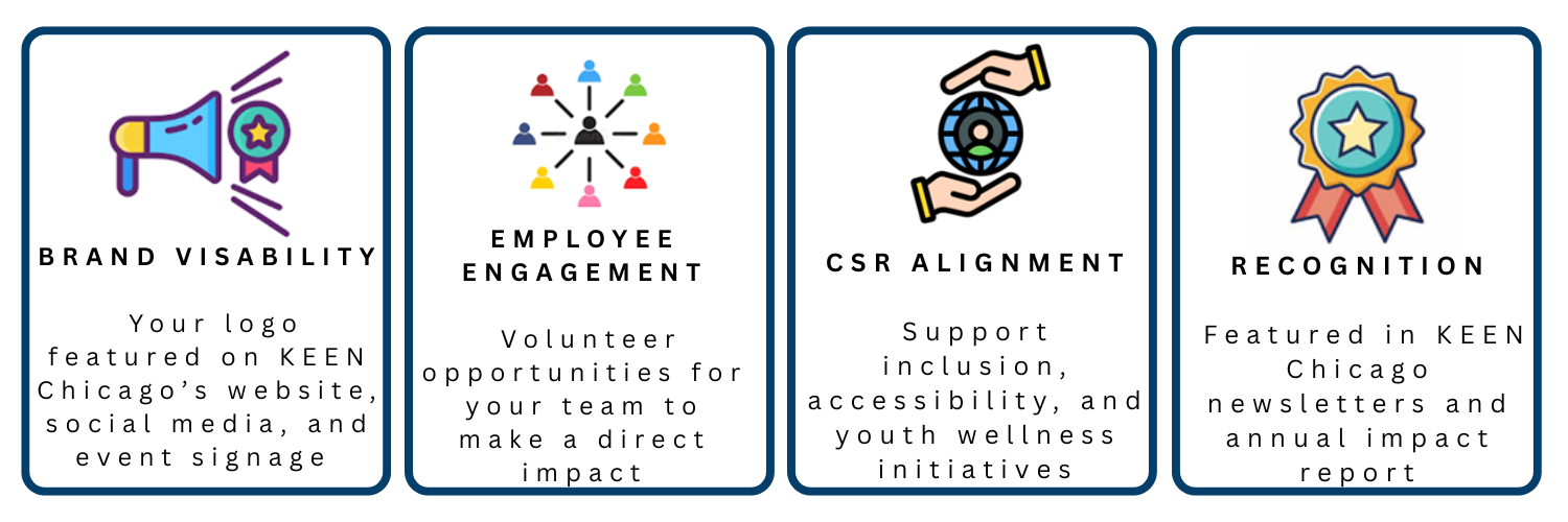 A visual of what sponsors gain: 
•	Brand Visibility: Your logo featured on KEEN’s website, social media, and event signage. 
•	Employee Engagement: Volunteer opportunities for your team to make a direct impact. 
•	CSR Alignment: Support inclusion, accessibility, and youth wellness initiatives. 
•	Recognition: Featured in KEEN newsletters and annual impact report.
