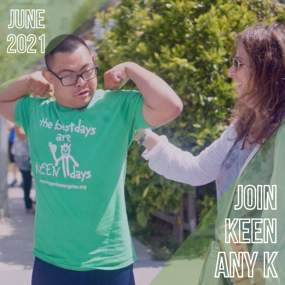 KEEN Athlete in green shirt flexing muscles.