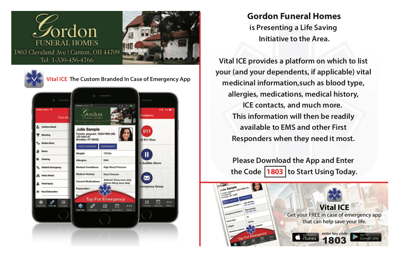 Advertisement for Gordon Funeral Homes, promoting a life-saving app called 
