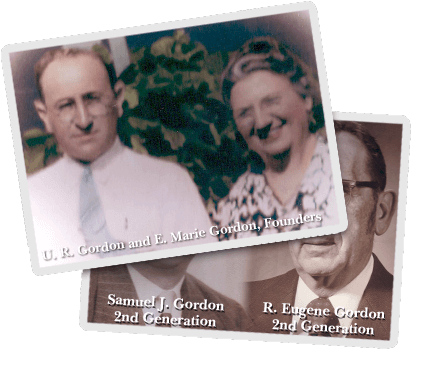 Two stacked photographs: Founders U.B. & E. Marie Gordon, and their sons Samuel J. and R. Eugene Gordon.