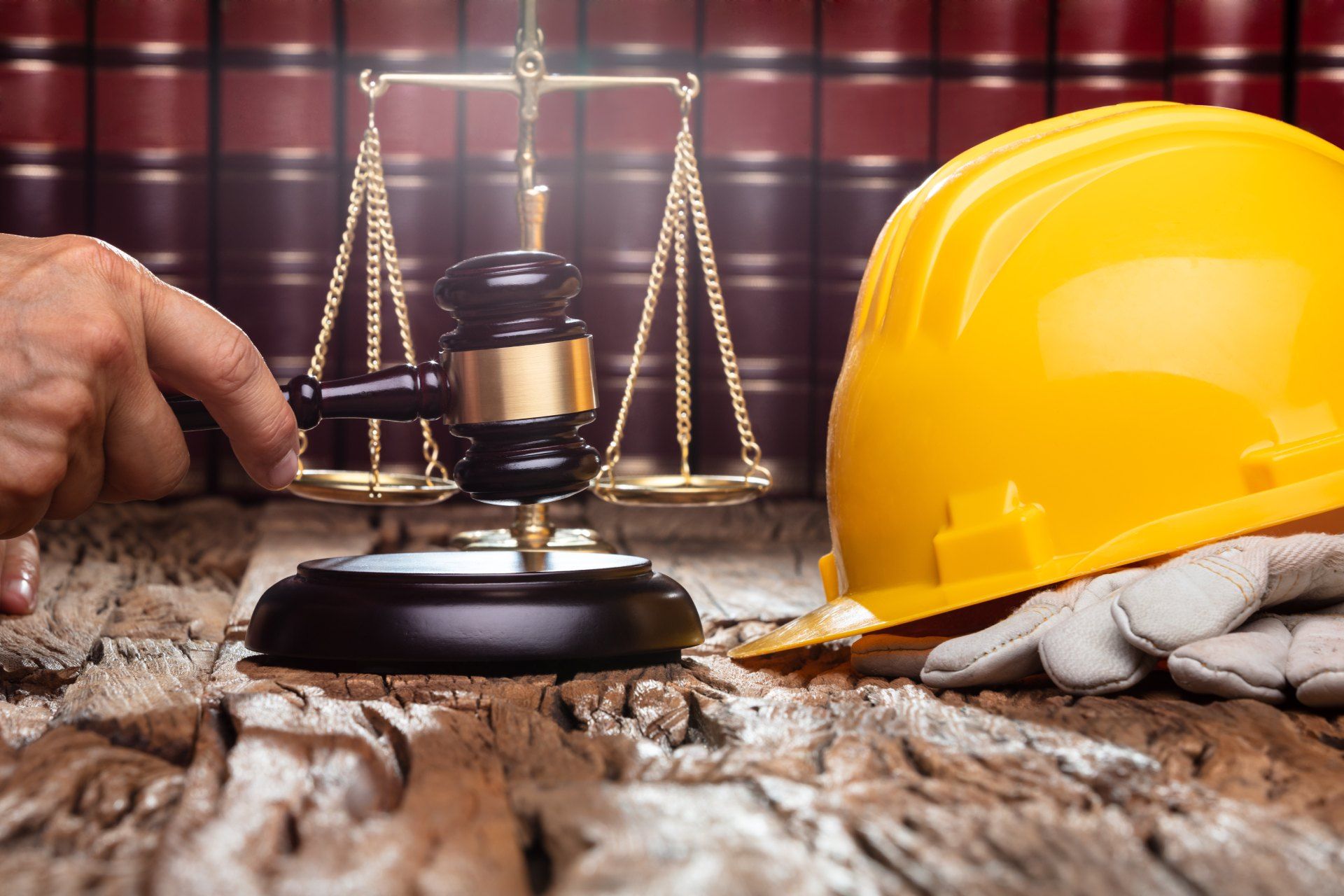 A person is holding a gavel next to a hard hat and gloves.