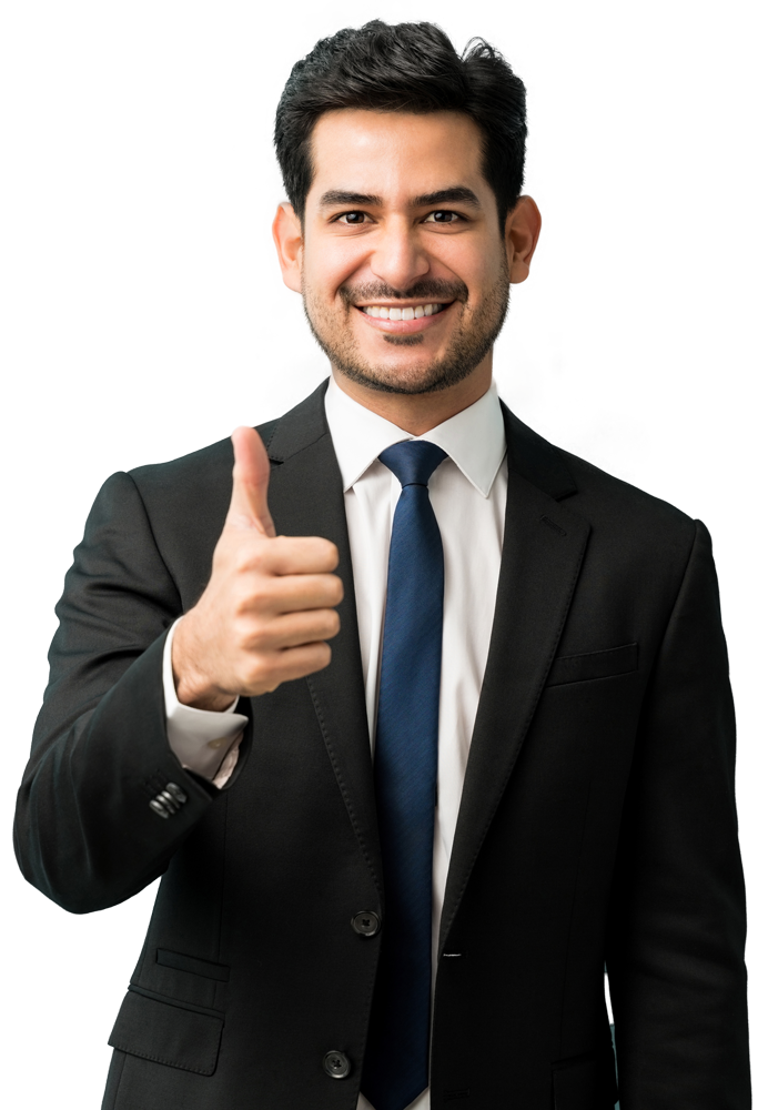 A man in a suit and tie is giving a thumbs up.