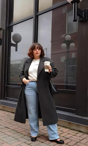 Woman in a long grey coat and light blue jeans holding a coffee cup, standing in front of a building with large windows.