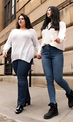 Two women walk hand-in-hand down a city street. They wear jeans and sweaters, with a stone building in the background.