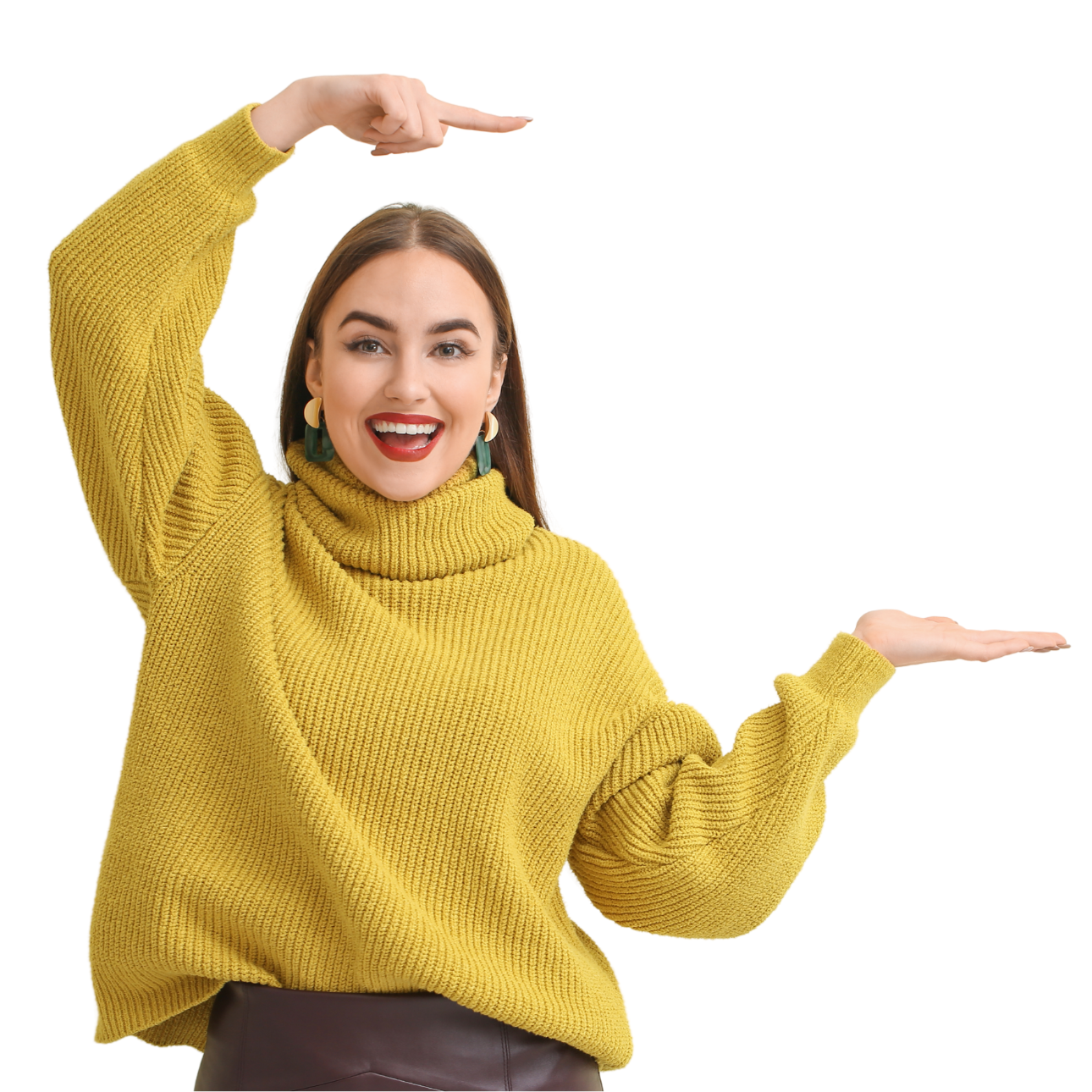 Woman in a yellow sweater points up with one hand and holds out her other hand; smiling against a white background.