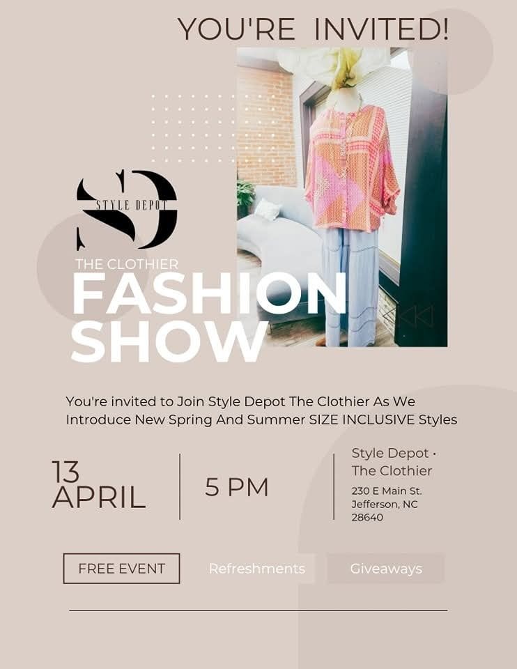 Fashion show invitation for Style Depot. Features pink and white text on a beige background. Time and location are included.