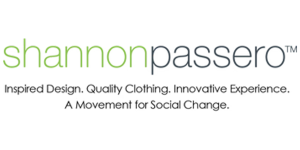 Logo for Shannon Passero, featuring the name in green, a tagline about design, clothing, and social change.