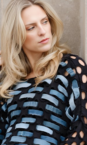 Blonde woman with blue and black woven top gazes pensively to the side, near a stone column.