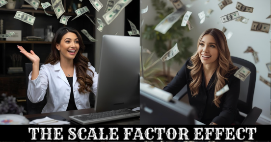 Two women smile as money rains down in their offices, text: The Scale Factor Effect.
