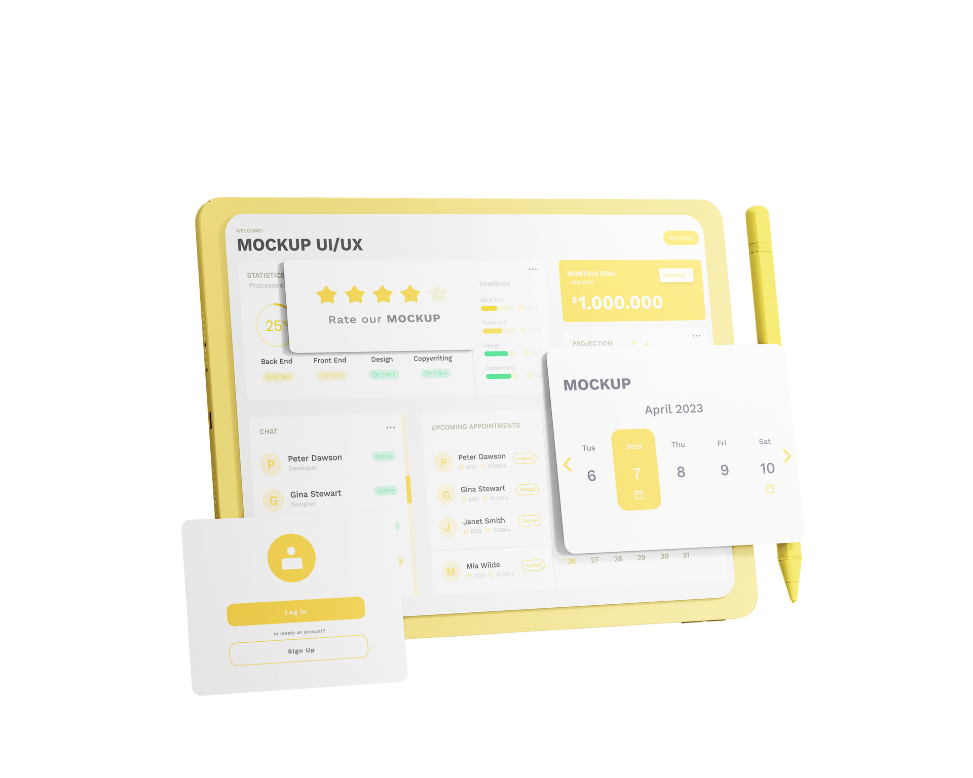 Yellow tablet with stylus, displaying user interface with cards; likely a mockup.