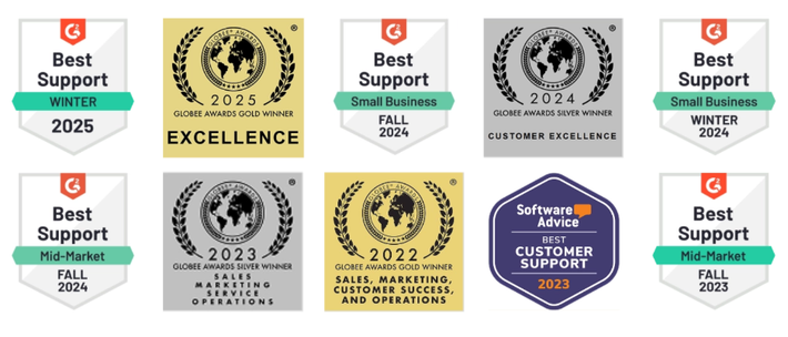 Nine badges with text for best support and excellence awards.