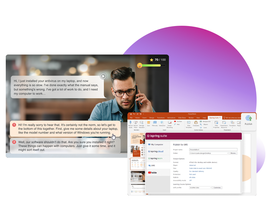 A man on a call with a chat interface, next to a PowerPoint presentation on a desktop.