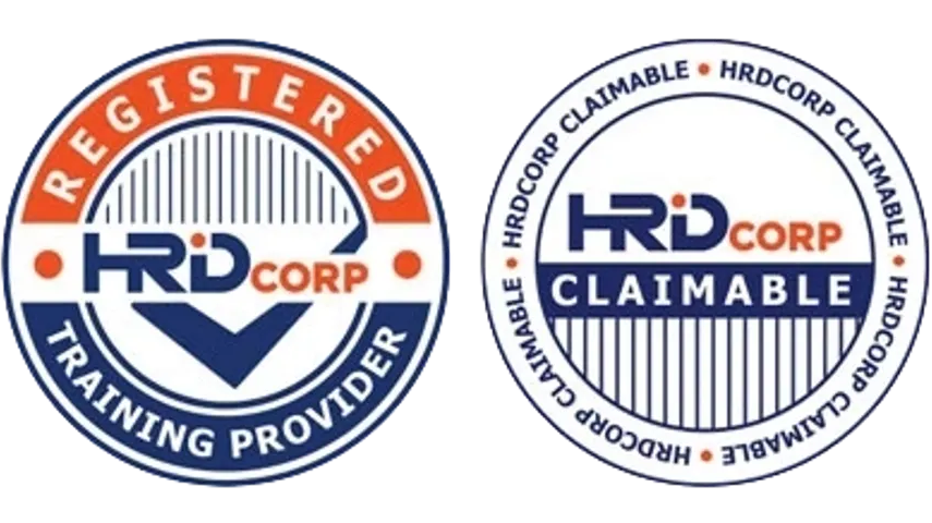 Two HRD Corp logos, one registered, one claimable. Circular with blue, orange, and white text.