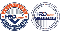 Two HRD Corp logos, one registered, one claimable. Circular with blue, orange, and white text.