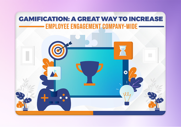 Gamification graphic: tablet screen with trophy, target, controller, lightbulb, promoting employee engagement.