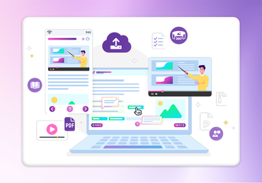 E-learning platform interface with instructor on laptop, mobile, and cloud upload icon.
