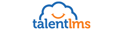 TalentLMS logo: blue cloud with orange smiling face, black and orange text.