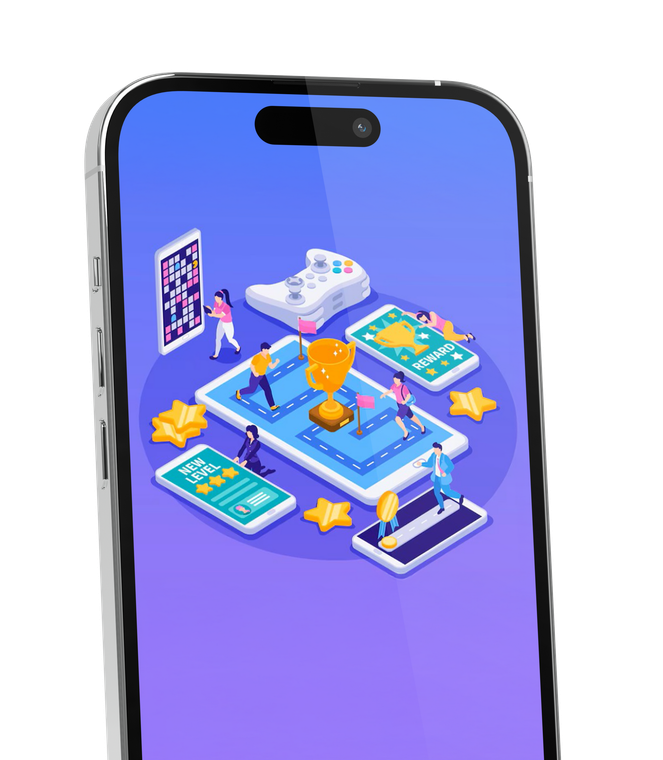 Smartphone showing a game scene: people interacting, gold trophy, other phones with game screens.