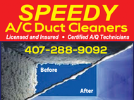 Speedy A/C Duct Cleaners ad with phone number and before-and-after duct cleaning image