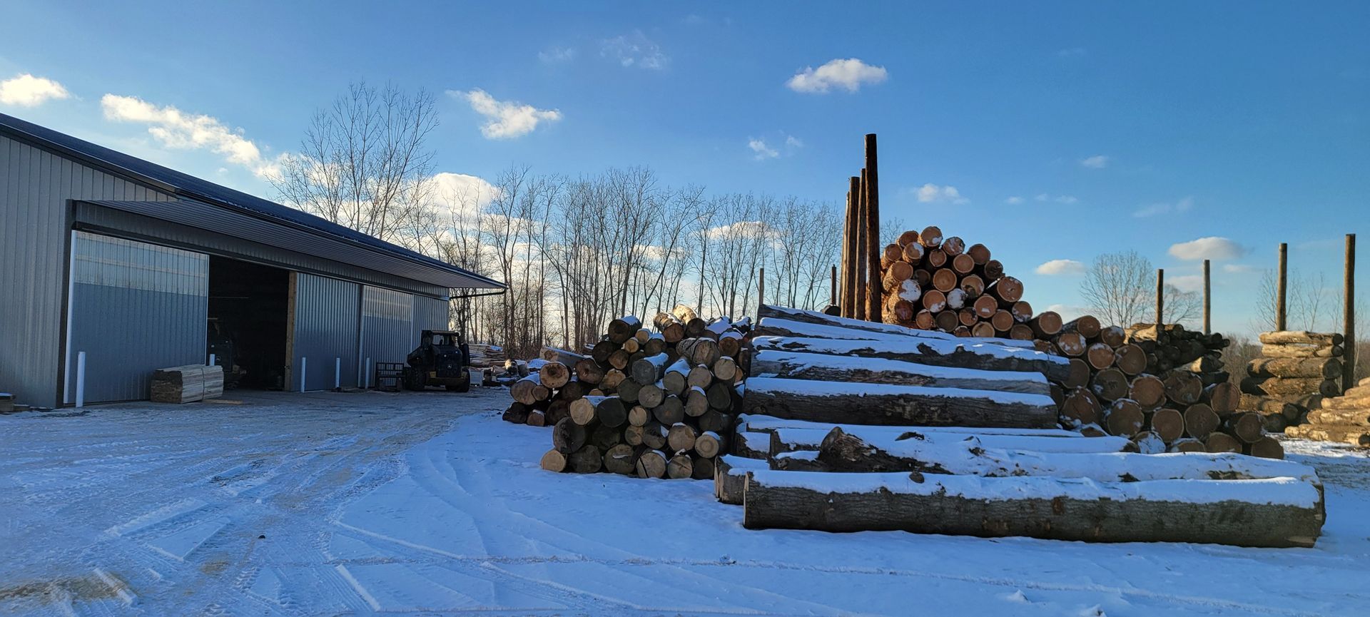 Snow-covered lumber yard with logs and a metal building under a blue sky.