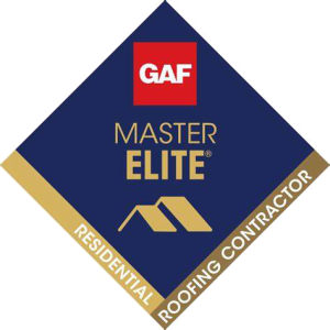 GAF Master Elite Residential Roofing Contractor badge, navy and gold, with roof icon.
