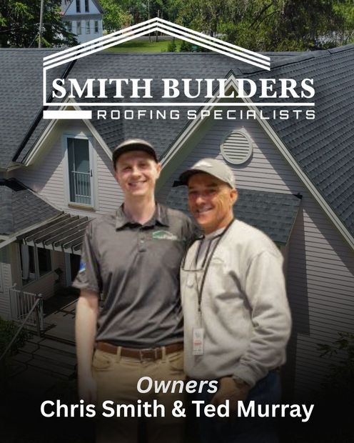 Two men standing in front of a house, the words 