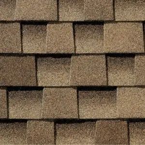 Brown asphalt roof shingles, layered in a repeating pattern.