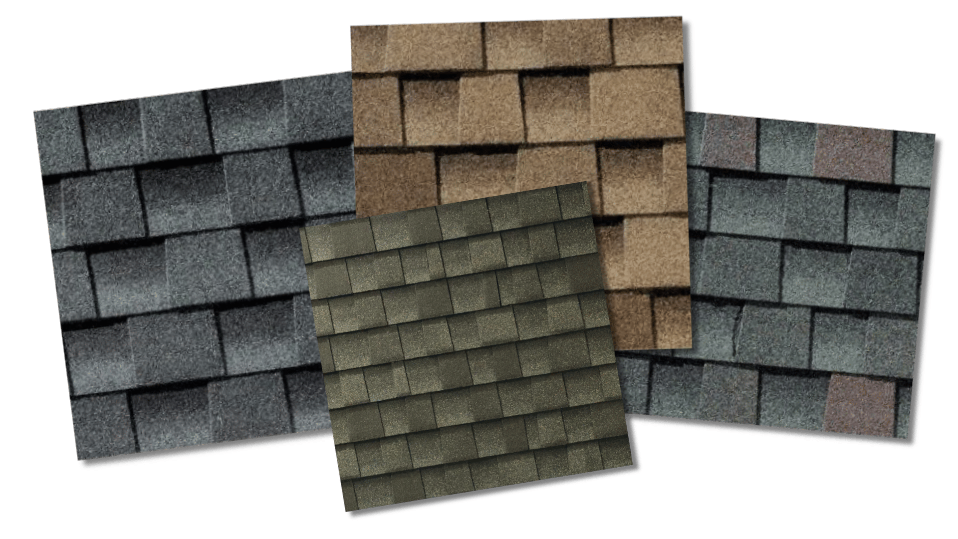 Various asphalt shingle samples in gray, brown, and green colors for roofing options.