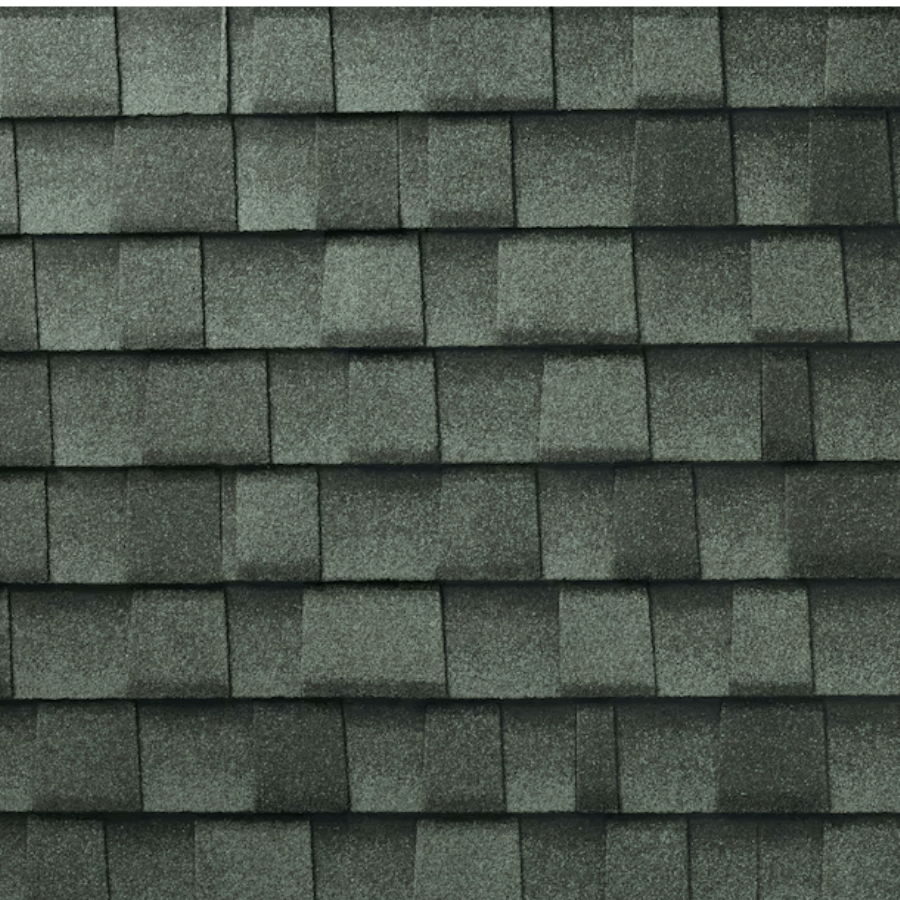 Gray asphalt roof shingles in a staggered pattern.