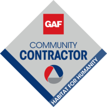 GAF Community Contractor logo with Habitat for Humanity emblem; diamond shape, red, blue, and gray.